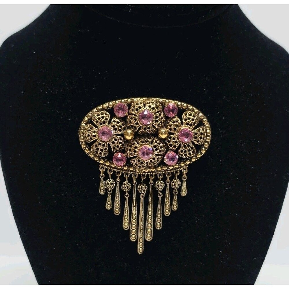 Vintage 50s Filigree Brooch Signed Czecho Ornate Gold Tone Metal with Crystals